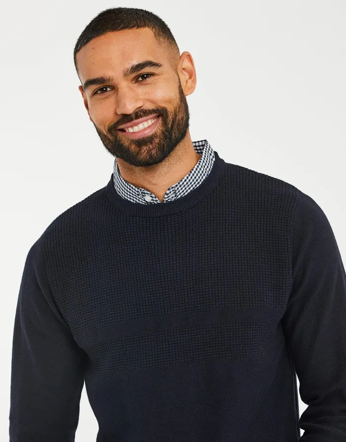 Men Navy Mock Shirt Knitted Jumper Navy Threadbare Knitwear