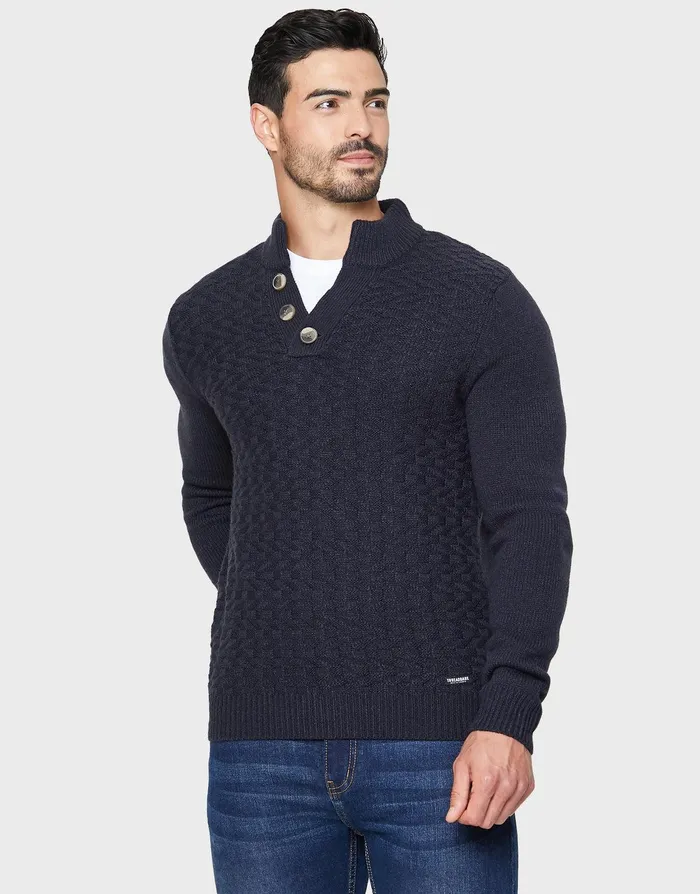 Men Navy Open Button Turtleneck Jumper Navy Threadbare Knitwear