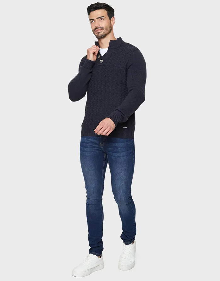Men Navy Open Button Turtleneck Jumper Navy Threadbare Knitwear Men Navy Open Button Turtleneck Jumper Navy Threadbare Knitwear
