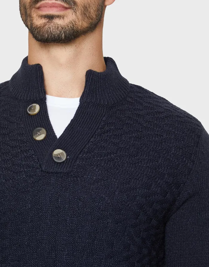 Men Navy Open Button Turtleneck Jumper Navy Threadbare Knitwear Men Navy Open Button Turtleneck Jumper Navy Threadbare Knitwear