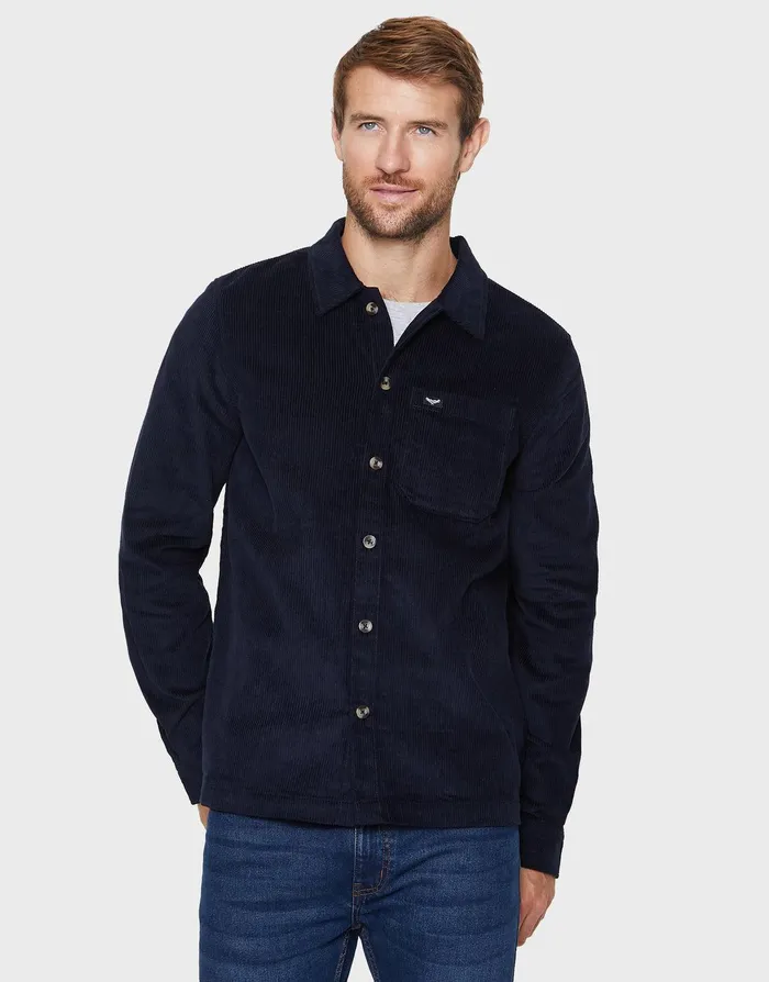 Men Navy Plain Long Sleeve Cord Shirt Navy Threadbare Shirts