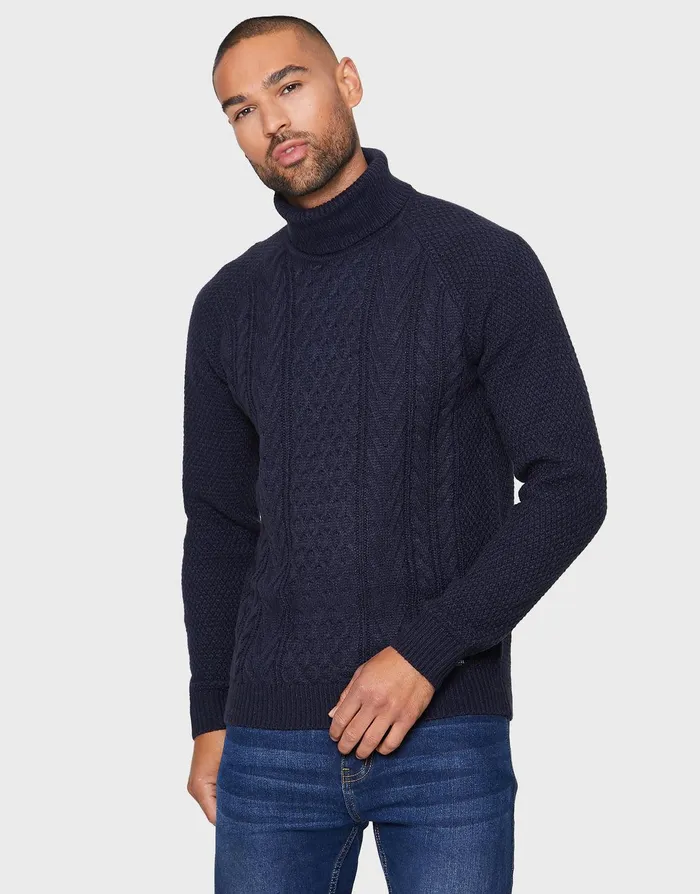 Men Navy Roll Neck Cable Knit Jumper Navy Threadbare Knitwear