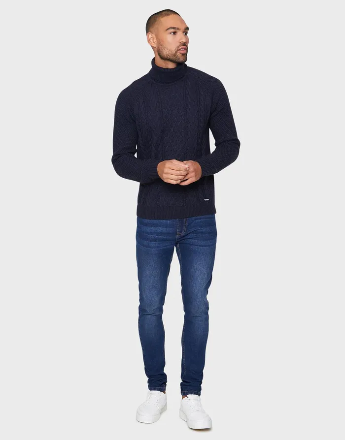 Men Navy Roll Neck Cable Knit Jumper Navy Threadbare Knitwear Men Navy Roll Neck Cable Knit Jumper Navy Threadbare Knitwear