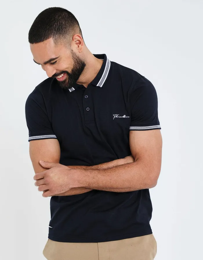 Men Navy Script Logo Rib Collar Polo Shirt Navy Threadbare Polo Shirts