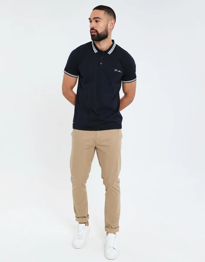 Men Navy Script Logo Rib Collar Polo Shirt Navy Threadbare Polo Shirts