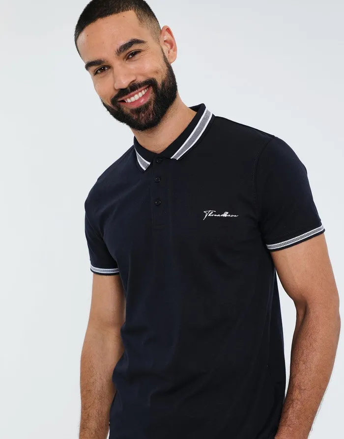 Men Navy Script Logo Rib Collar Polo Shirt Navy Threadbare Polo Shirts