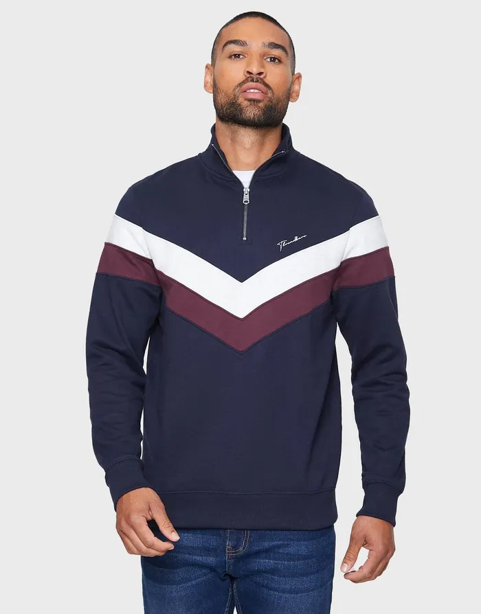 Men Navy Stripe QuarterZip Jumper Navy Threadbare Knitwear