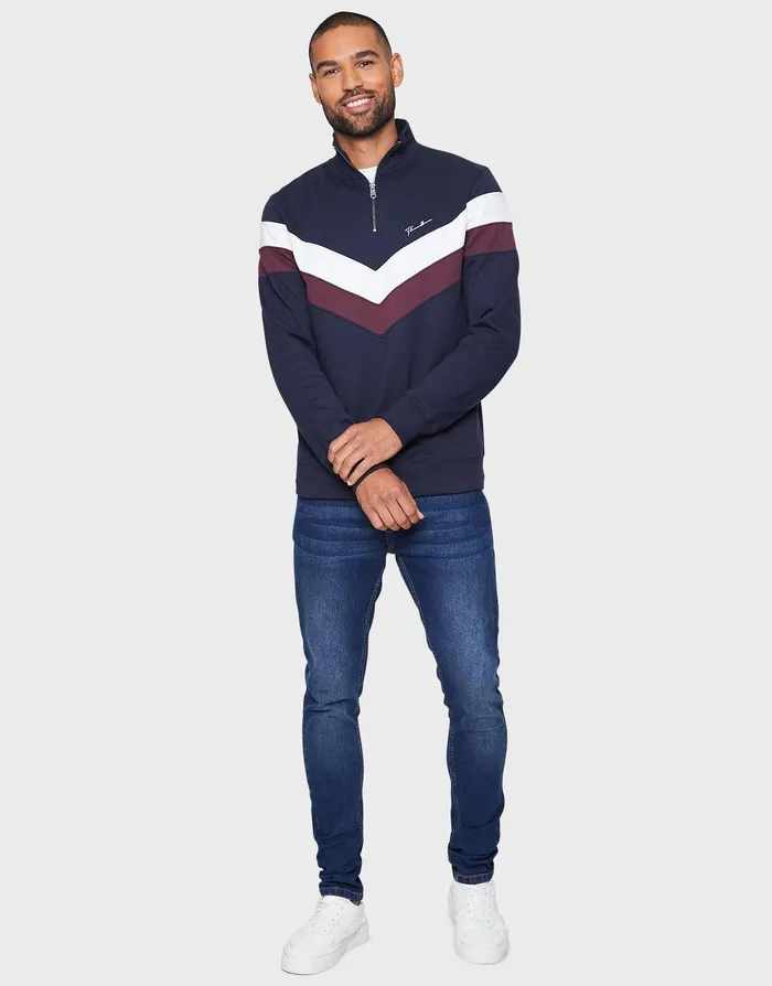 Men Navy Stripe QuarterZip Jumper Navy Threadbare Knitwear