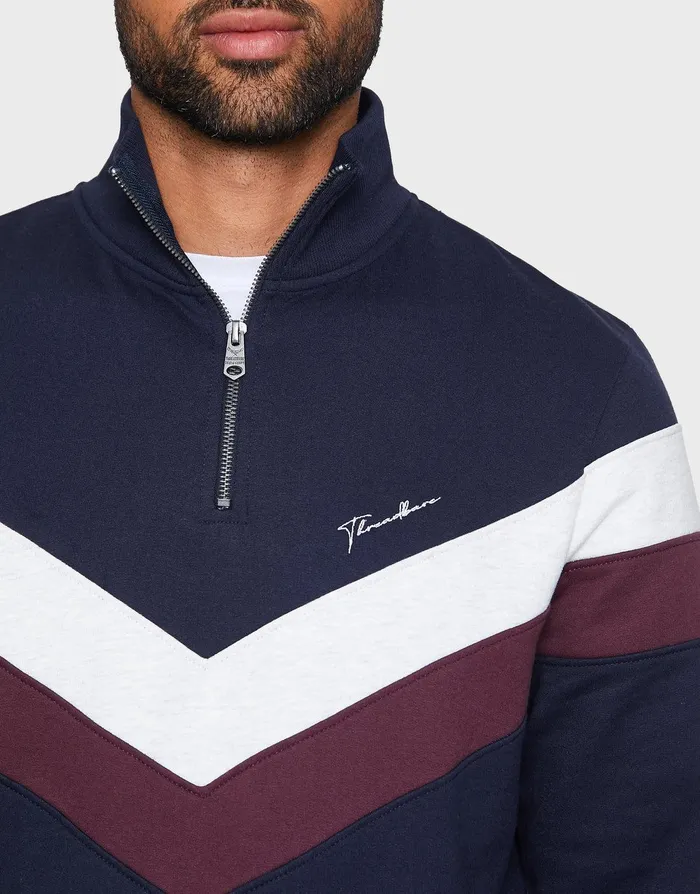 Men Navy Stripe QuarterZip Jumper Navy Threadbare Knitwear