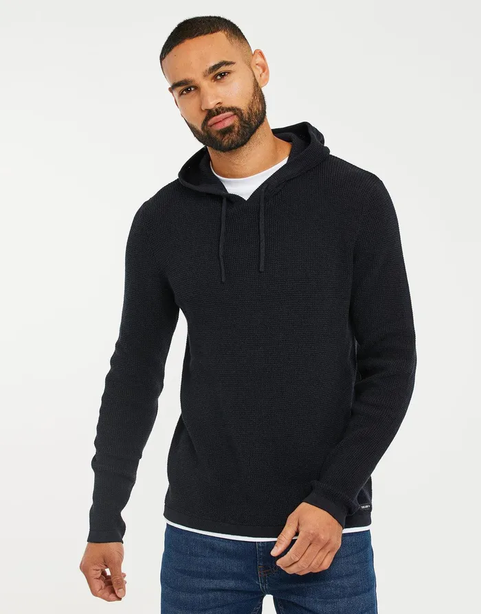Men Navy Twist Mock TShirt Knitted Hoodie Navy Threadbare Hoodies