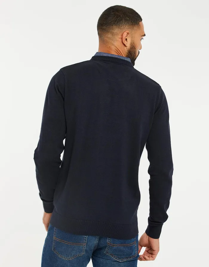 Men Navy VNeck Mock Shirt Jumper Navy Threadbare Knitwear Men Navy VNeck Mock Shirt Jumper Navy Threadbare Knitwear