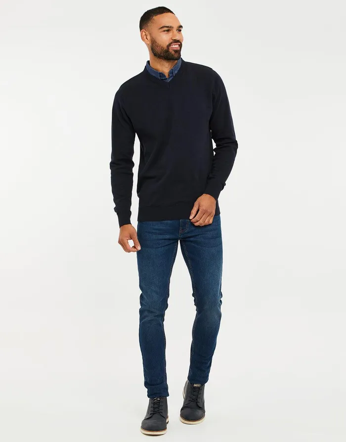 Men Navy VNeck Mock Shirt Jumper Navy Threadbare Knitwear Men Navy VNeck Mock Shirt Jumper Navy Threadbare Knitwear