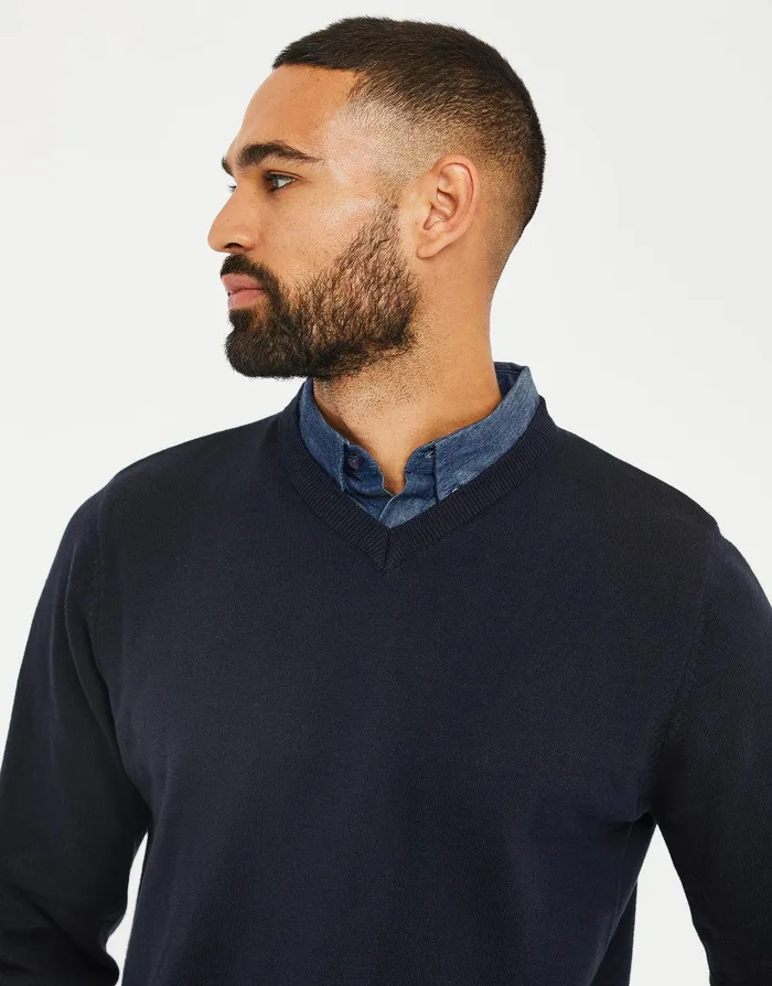Men Navy VNeck Mock Shirt Jumper Navy Threadbare Knitwear Men Navy VNeck Mock Shirt Jumper Navy Threadbare Knitwear