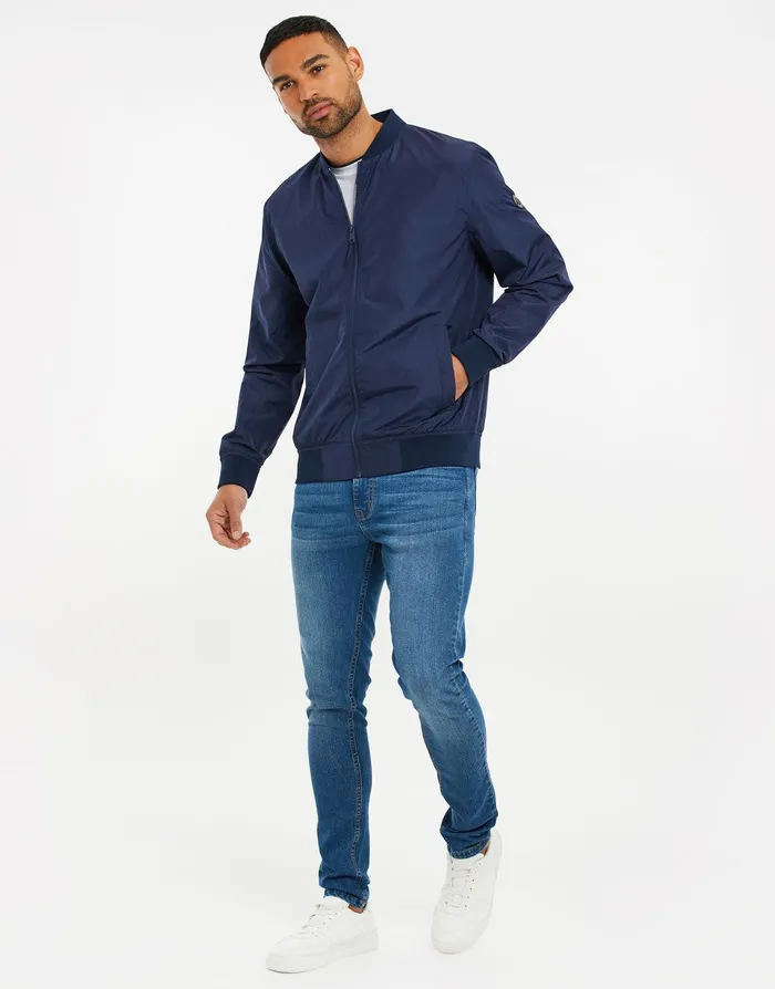 Men Navy Zip Up Bomber Jacket Navy Threadbare Jacket and Coats