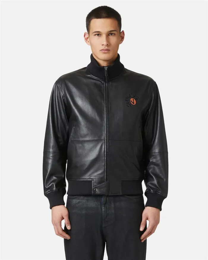 Men OUTERWEAR Iceberg Leather Bomber Jacket With Bear Detail
