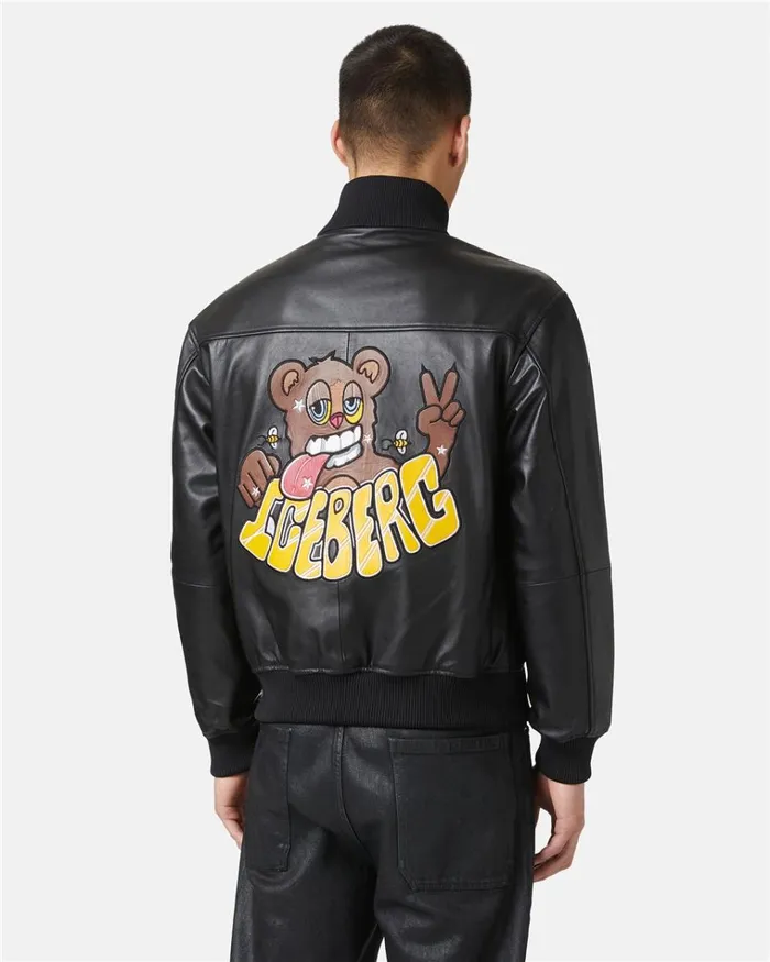 Men OUTERWEAR Iceberg Leather Bomber Jacket With Bear Detail