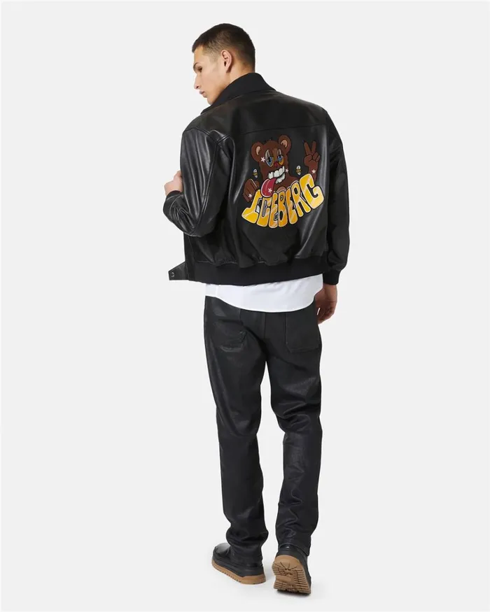 Men OUTERWEAR Iceberg Leather Bomber Jacket With Bear Detail