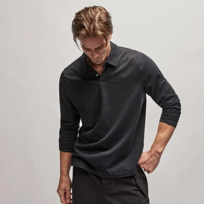 Men PolosNovelty Tops James Perse Heavy Luxe Jersey Long Sleeve Polo Black