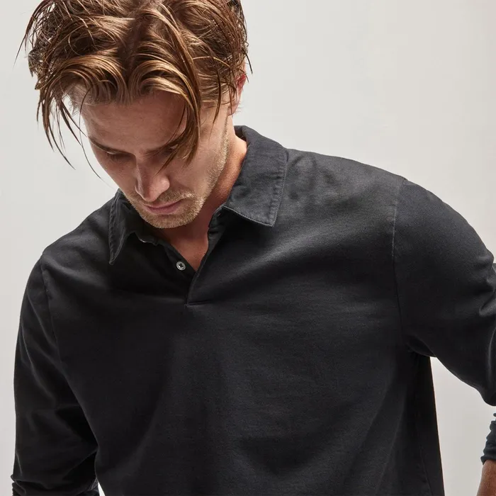 Men PolosNovelty Tops James Perse Heavy Luxe Jersey Long Sleeve Polo Black