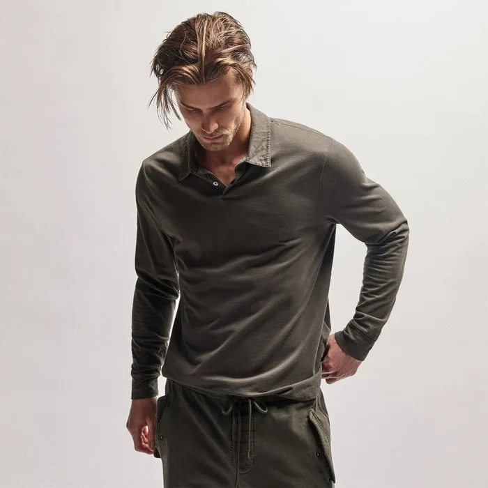 Men PolosNovelty Tops James Perse Heavy Luxe Jersey Long Sleeve Polo Dark Olive