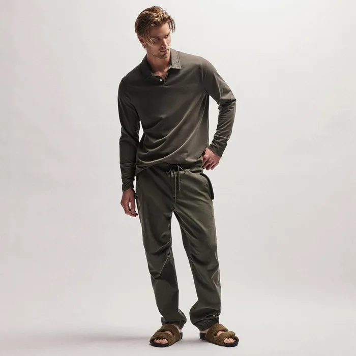 Men PolosNovelty Tops James Perse Heavy Luxe Jersey Long Sleeve Polo Dark Olive