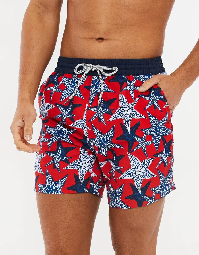 Men Red Starfish Print Swim Shorts Red Threadbare Swimwear