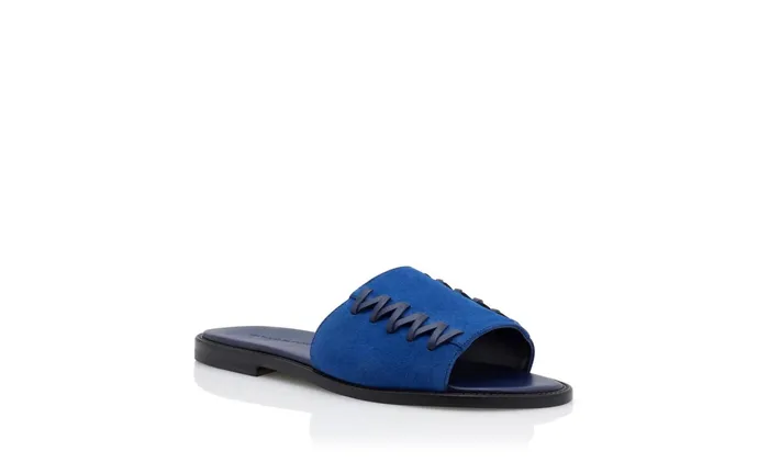 Men Sandals Manolo Blahnik GASTOR Bright Blue Suede Stitching Detail Flat Sliders Men Sandals Manolo Blahnik GASTOR Bright Blue Suede Stitching Detail Flat Sliders
