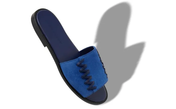 Men Sandals Manolo Blahnik GASTOR Bright Blue Suede Stitching Detail Flat Sliders Men Sandals Manolo Blahnik GASTOR Bright Blue Suede Stitching Detail Flat Sliders