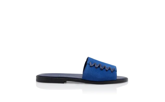 Men Sandals Manolo Blahnik GASTOR Bright Blue Suede Stitching Detail Flat Sliders Men Sandals Manolo Blahnik GASTOR Bright Blue Suede Stitching Detail Flat Sliders