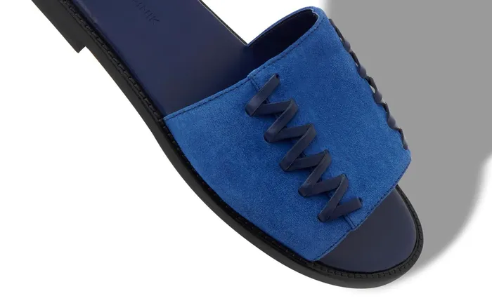 Men Sandals Manolo Blahnik GASTOR Bright Blue Suede Stitching Detail Flat Sliders Men Sandals Manolo Blahnik GASTOR Bright Blue Suede Stitching Detail Flat Sliders