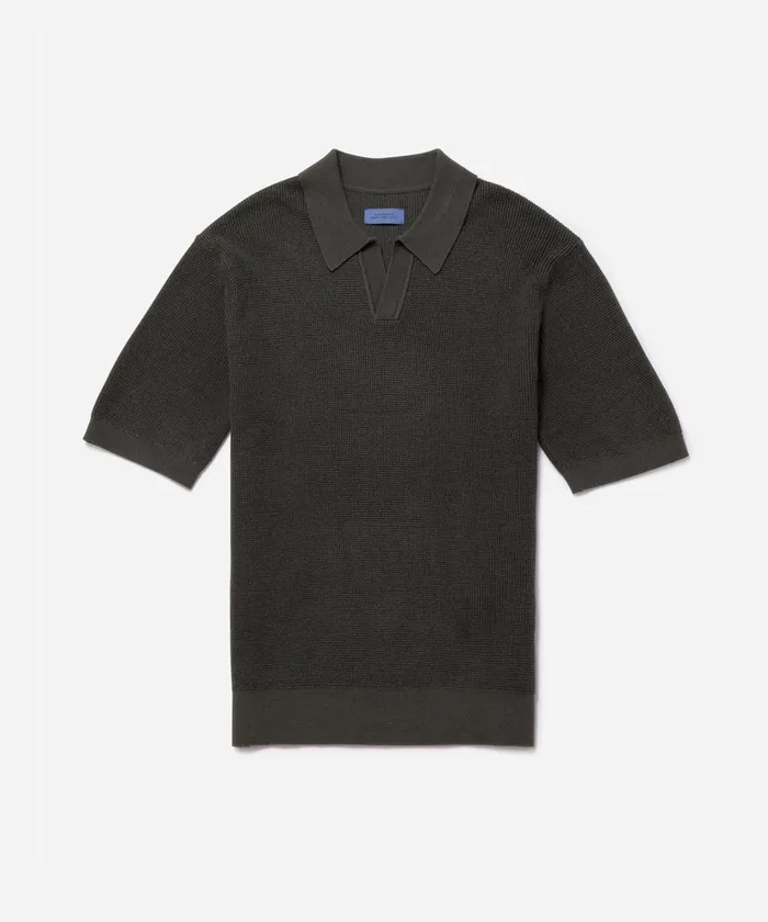 Men Saturdays NYC Shirts Alex Merino Wool Open Placket Polo Armygreen
