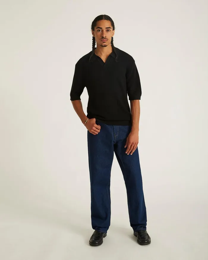 Men Saturdays NYC Shirts Alex Merino Wool Open Placket Polo Black Men Saturdays NYC Shirts Alex Merino Wool Open Placket Polo Black
