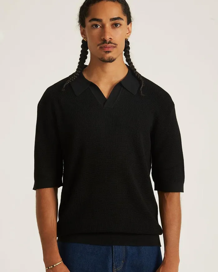 Men Saturdays NYC Shirts Alex Merino Wool Open Placket Polo Black Men Saturdays NYC Shirts Alex Merino Wool Open Placket Polo Black