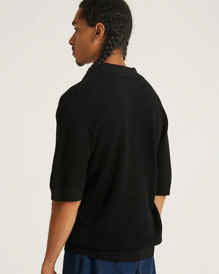 Men Saturdays NYC Shirts Alex Merino Wool Open Placket Polo Black Men Saturdays NYC Shirts Alex Merino Wool Open Placket Polo Black