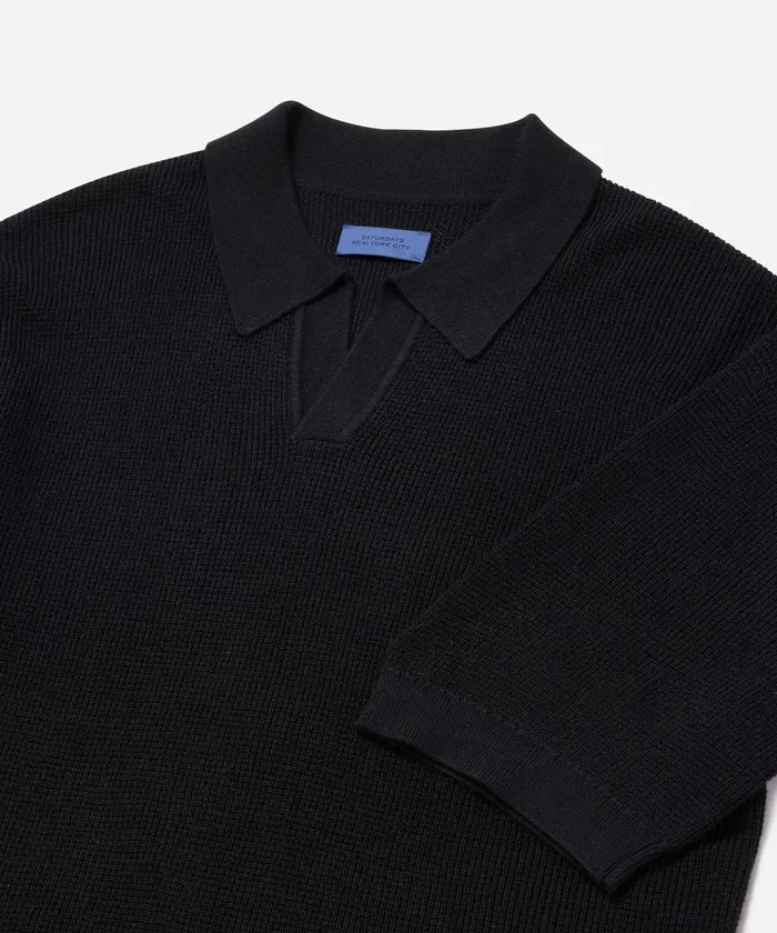 Men Saturdays NYC Shirts Alex Merino Wool Open Placket Polo Black Men Saturdays NYC Shirts Alex Merino Wool Open Placket Polo Black