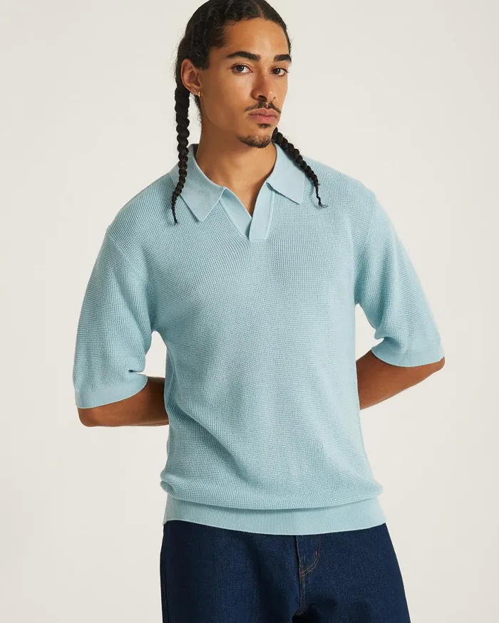 Men Saturdays NYC Shirts Alex Merino Wool Open Placket Polo Dustyturquoise Men Saturdays NYC Shirts Alex Merino Wool Open Placket Polo Dustyturquoise