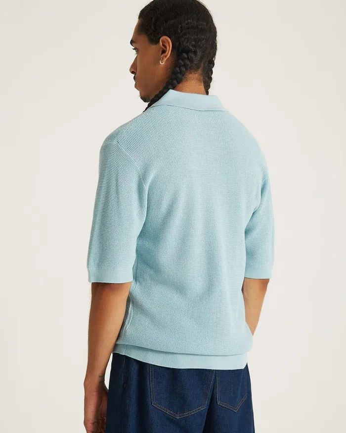 Men Saturdays NYC Shirts Alex Merino Wool Open Placket Polo Dustyturquoise Men Saturdays NYC Shirts Alex Merino Wool Open Placket Polo Dustyturquoise
