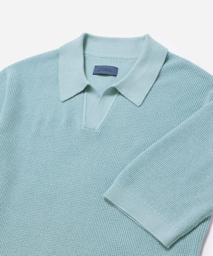 Men Saturdays NYC Shirts Alex Merino Wool Open Placket Polo Dustyturquoise Men Saturdays NYC Shirts Alex Merino Wool Open Placket Polo Dustyturquoise
