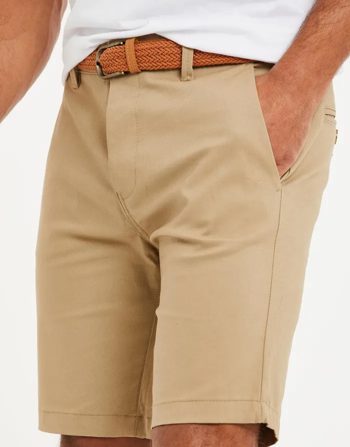 Men Stone Belted Chino Shorts Stone Threadbare Shorts