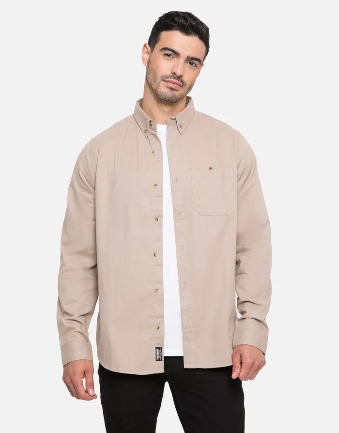 Men Stone Plain Long Sleeve Shirt Stone Threadbare Shirts