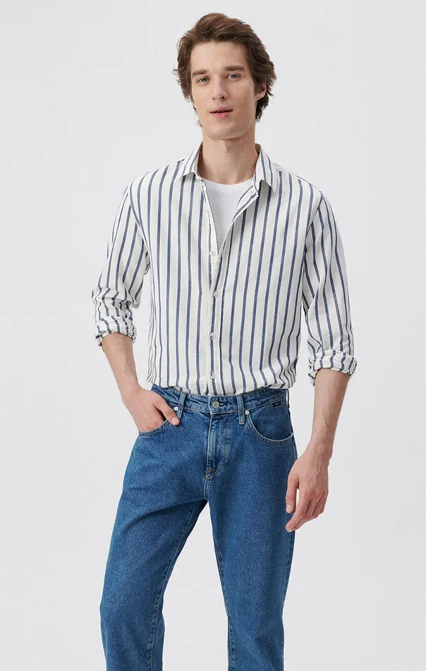 Men Striped ButtonUp Long Sleeve Shirt In Dark Denim White Stripe Mavi Jeans Shirts