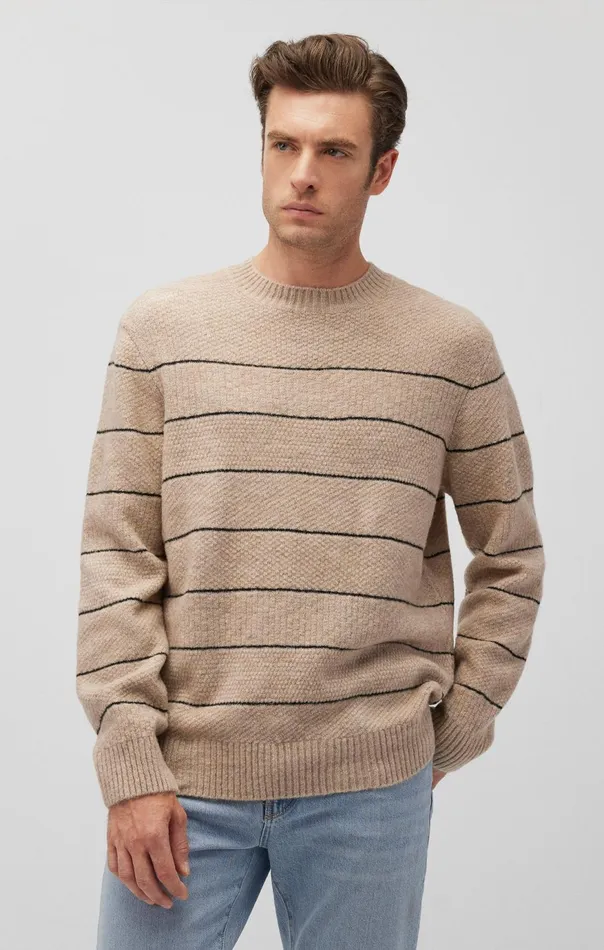 Men Striped Crew Neck Sweater In Oatmeal Melange Mavi Jeans Sweaters