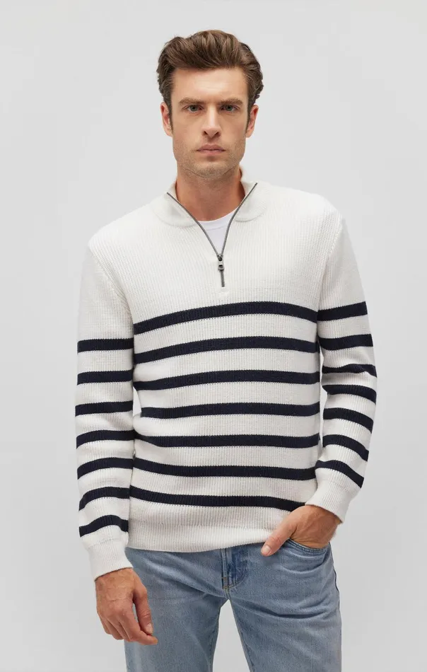 Men Striped Quarter Zip Sweater In Antique White Mavi Jeans Sweaters