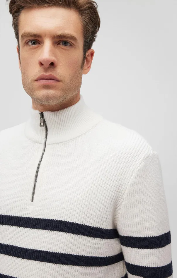 Men Striped Quarter Zip Sweater In Antique White Mavi Jeans Sweaters