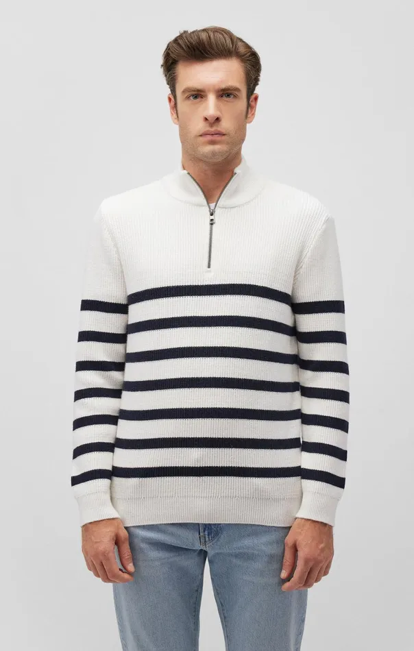 Men Striped Quarter Zip Sweater In Antique White Mavi Jeans Sweaters