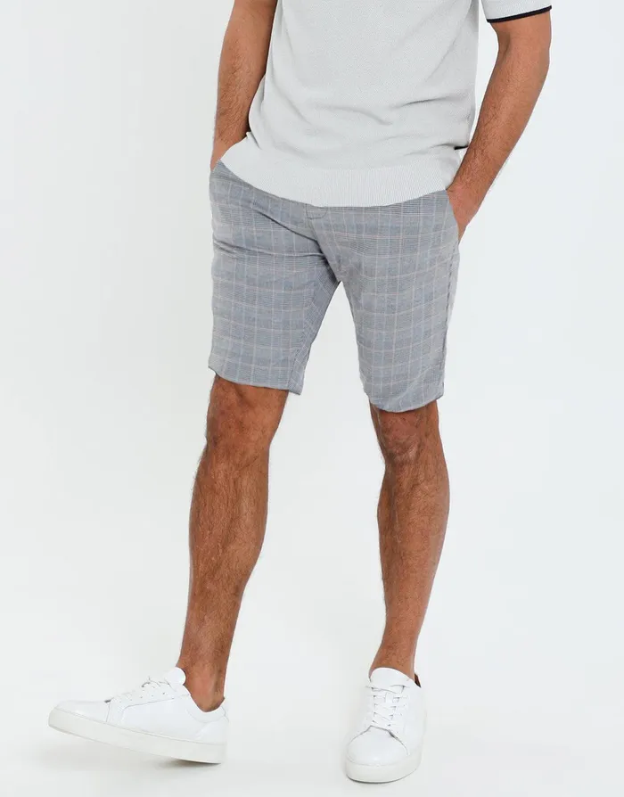 Men Threadbare Luxe Grey Check Slim Fit Chino Shorts Grey Threadbare Shorts