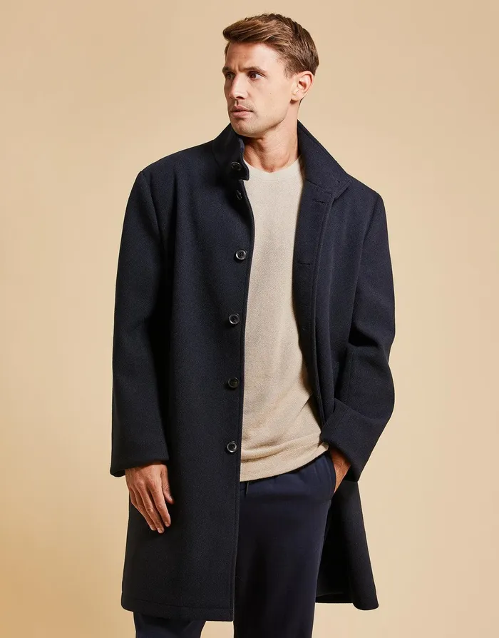 Men Threadbare Luxe Navy Funnel Neck Tailored Coat Navy Threadbare Jacket and Coats