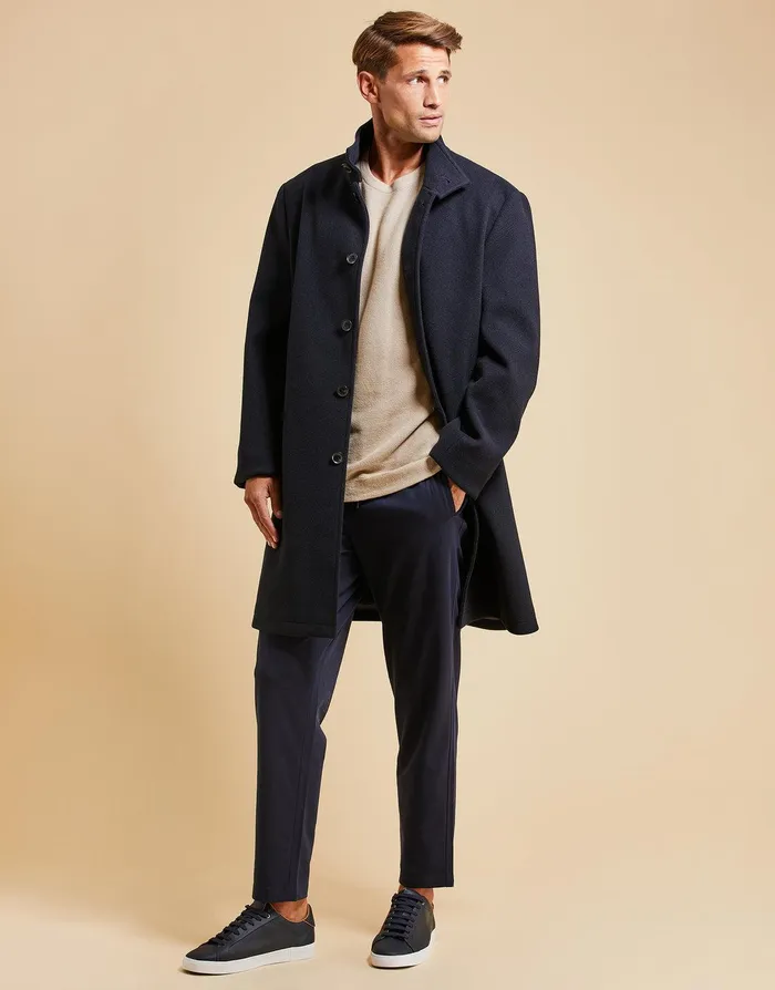 Men Threadbare Luxe Navy Funnel Neck Tailored Coat Navy Threadbare Jacket and Coats