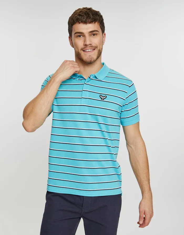 Men Turquoise Stripe Rib Collar Polo Shirt Turquoise Threadbare Polo Shirts