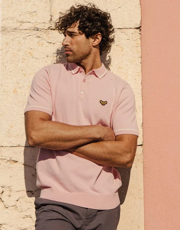 Men Vintage Pink Tipping Button Collar Knitted Polo Vintage Pink Threadbare Knitwear